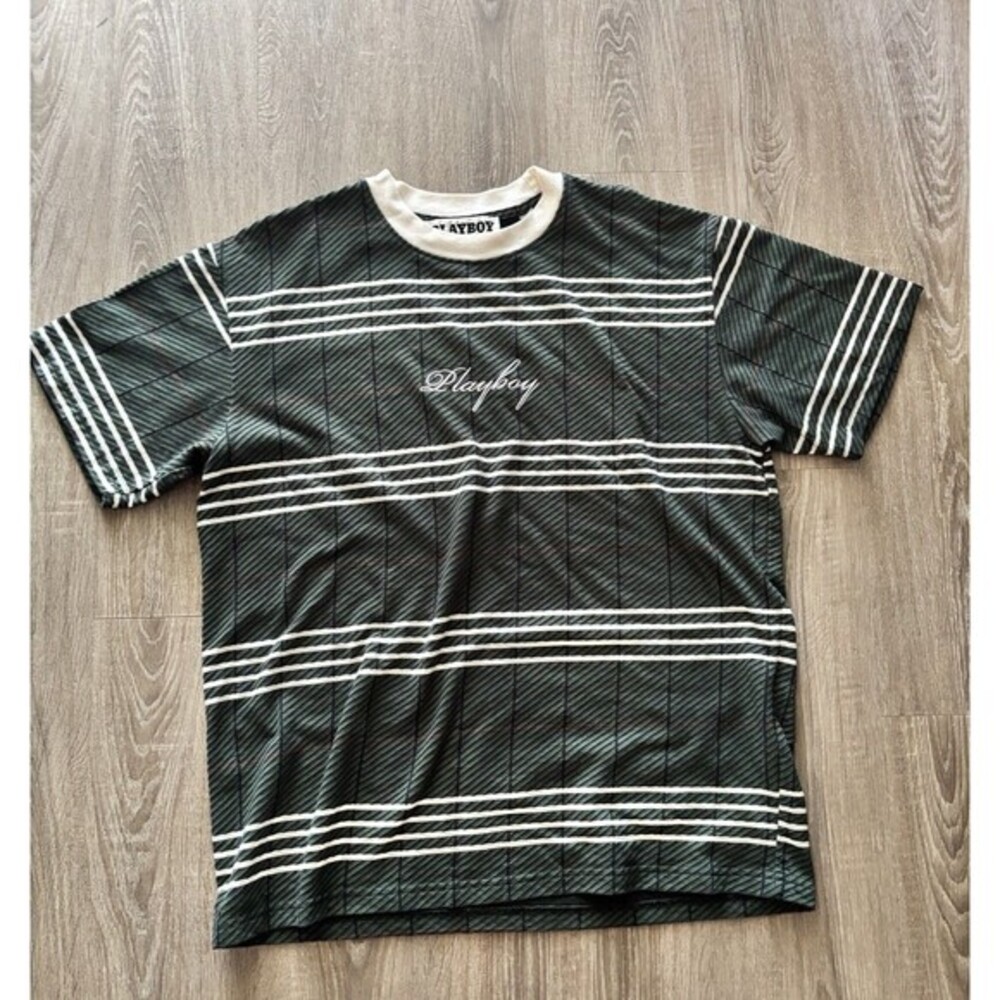 Playboy By PACSUN Mens Short Sleeve Shirt‎ Size Large, Green Striped Box Logo